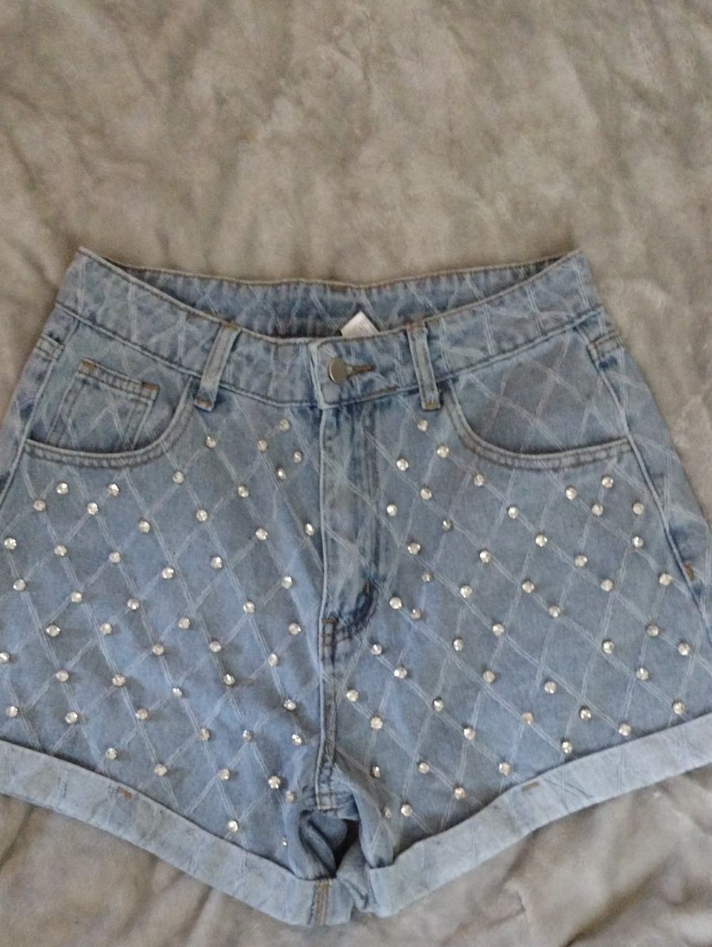 High-Waist Light Blue Studded Denim Shorts